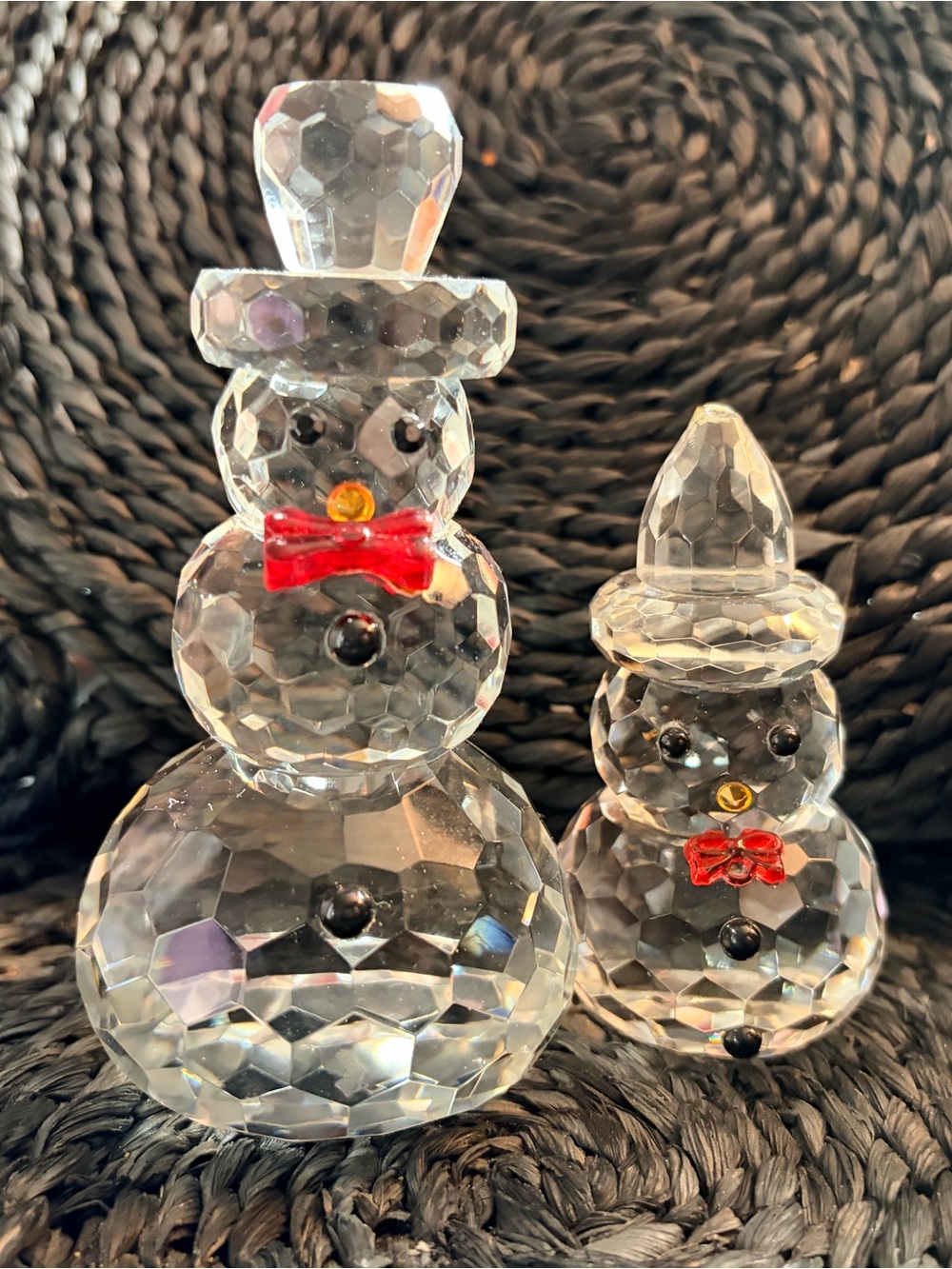 Clear Heavy Crystal Snowman Figurine Duo w/ Red Bow & Top Hat 3.75” & 5”